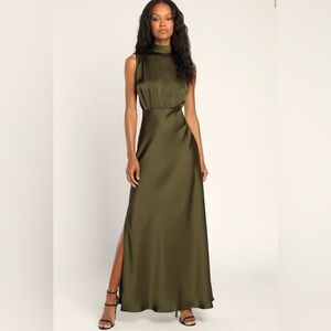 Lulus Classic Elegance Olive Satin Sleeveless Mock Neck Maxi Dress 3x
